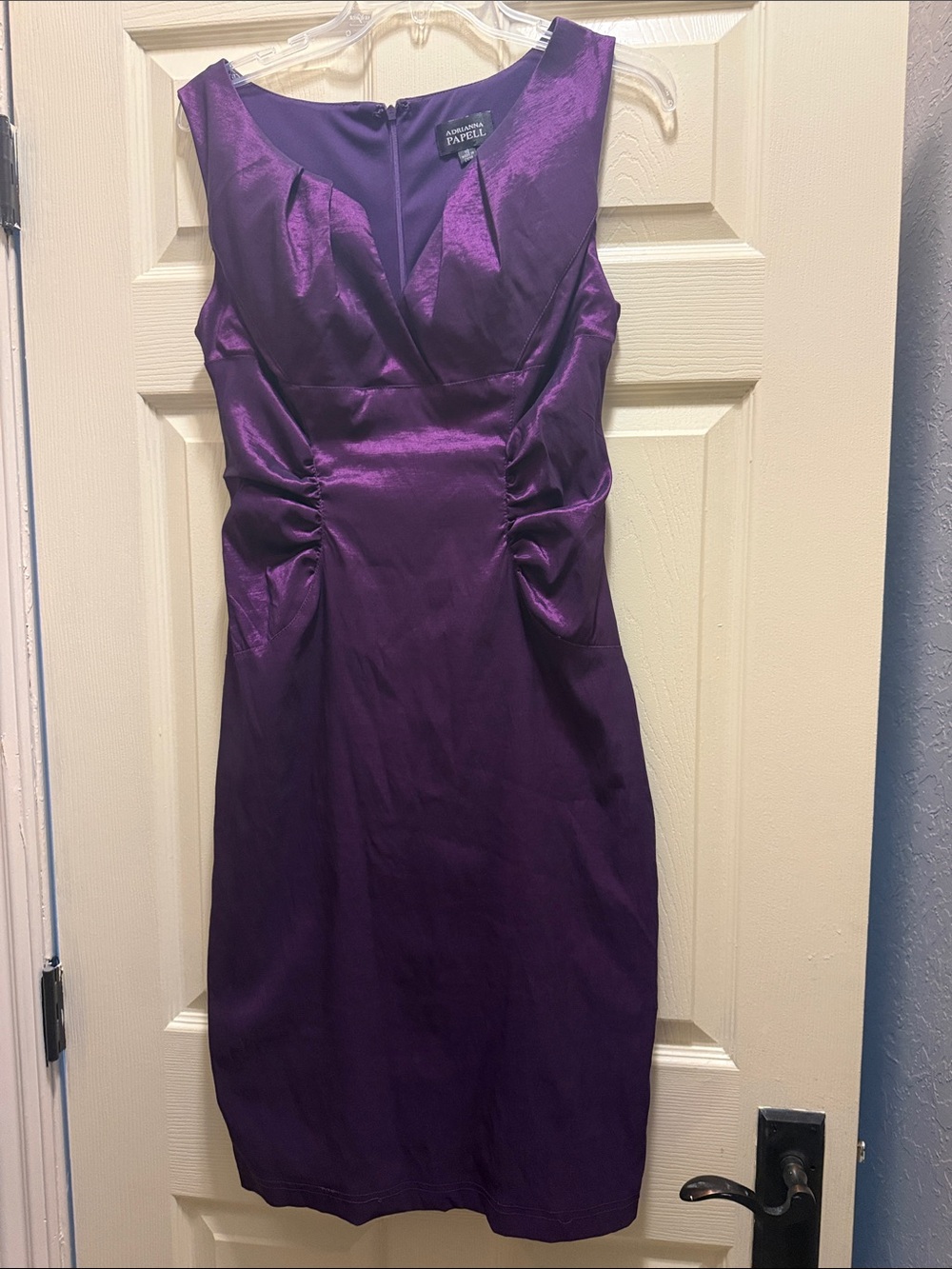Adrianna Papell Satin Purple V-Neck Ruched Sheath Dress